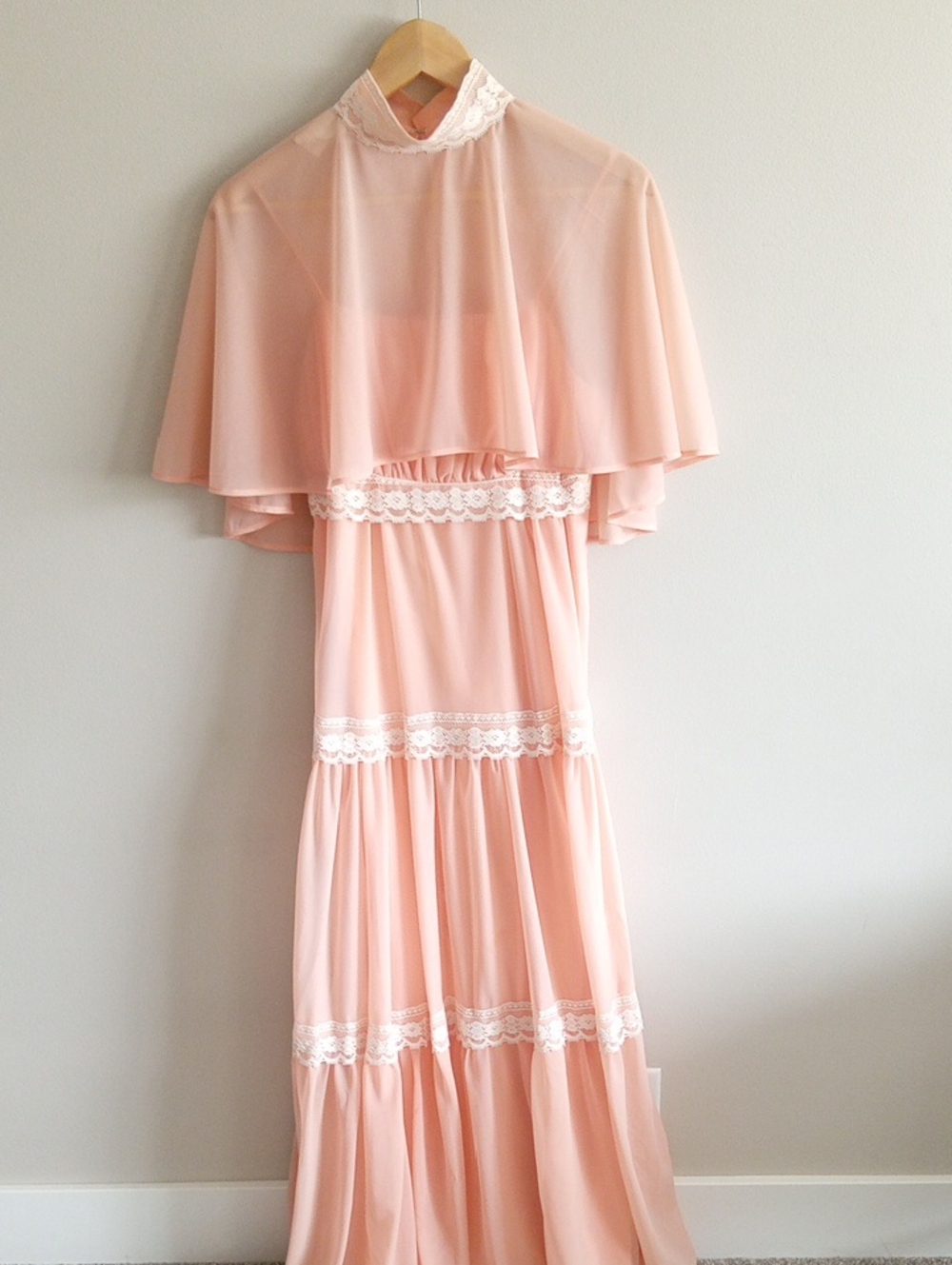 Vtg Prairie Peach Tiered Maxi Dress Lace High Neck Flutter 70s